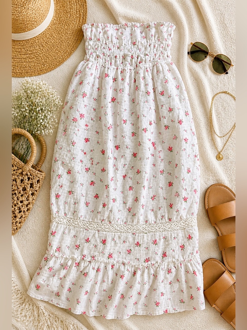 Jessica Simpson White Midi Dress with Pink Floral Print
